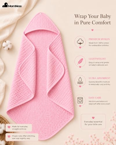Image of Baby Hooded Bath Towel 100% Cotton Muslin 76x76 cm, 0-3Y, Newborn | 4-Layer Crinkle Fabric, Ultra Absorbent, For Ages 0-3Y