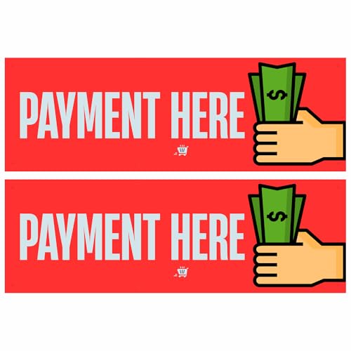 Image of Pay Here Sign Sticker Board (20.5 x 7 cm) - Peel & Stick with 4 Corner Holes - Easy Fix for Wall, Counter & Shop - Pack of 2 (Pay Here, Small - 20.5 X 7 CM)