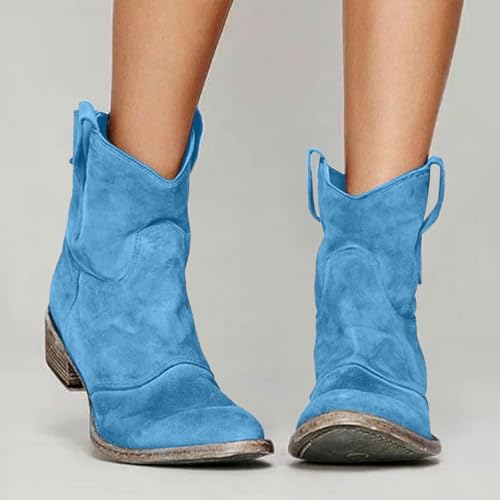 Suede Cowboy Boots for Women,Women's Western Cowboy Ankle Boots,Low Heel Mid Calf Round Toe Chunky Stacked Mid Heel Slip on Fashion Retro Classic Booties,Suede Back Zipper Fall Short Ankle Booties2