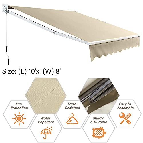 Httmt- 10'X 8' Manual Retractable Sun Shade Patio Awning W/ Durable Design Canopy Water-Resistant Polyester [P/N: Et-Awning001-3Beige] #TOP1