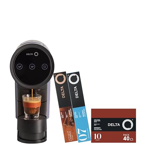 Delta Q Cafetera lconiQ Negra + 60 cápsulas - Cafetera de café de cápsulas + 1 pack de 40 cápsulas intensidad 10 + 1 pack 10 cápsulas descafeinado + 1 pack 10 cápsulas café con canela