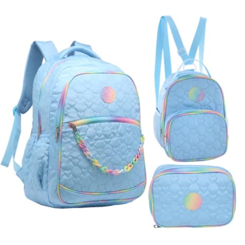 Kit 3 Peças Mochila De Costas Estampa Coração Com Estojo Lancheira Tipo Mochila Feminina Escolar Juvenil 18” (AZUL)