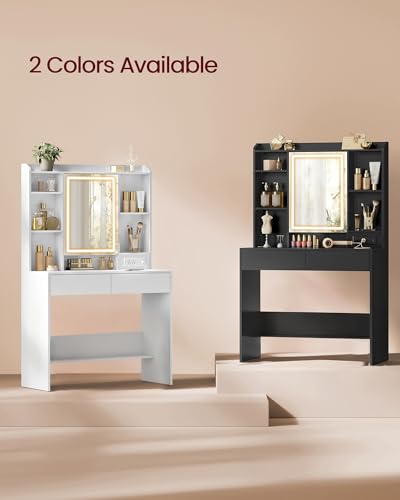 Image of VASAGLE KAILYN Collection - Vanity Desk with Power Outlets, Makeup Vanity with Mirror and Lights, Upholstered Vanity Stool, 6 Compartments, 2 Drawers, for Bedroom, Cloud White URDT031WB02S