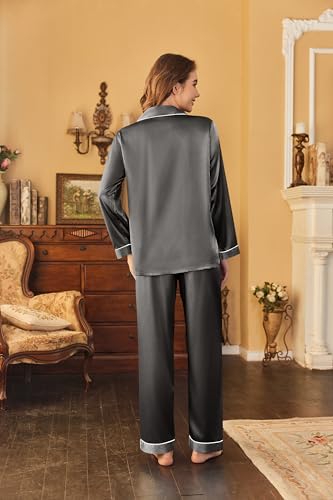 Image of Ekouaer Women's Classic Button Down Long Satin Silk Pajama Set