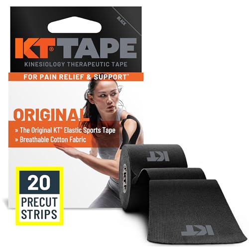 KT Tape, Original Cotton, Elastic Kinesiology Tape, Everyday Muscle and Joint Support, Daily Pain Relief, 20 Count, 10” Precut Strips, Black