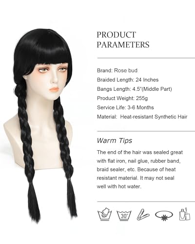 Image of Rose bud Wednesday Cosplay Wig Long Hair Heat Resistant Adjustable Fit 23 Inches Double Braided Black Wigs With Bangs for Halloween Cosplay