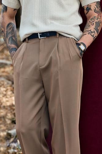 Image of SNITCH Men Bordeaux Trousers | Relaxed Fit High Rise Pleated Front with Turned-Up Cuffs | Smooth Polyester Fabric for Casual & Formal Wear | Summer Style