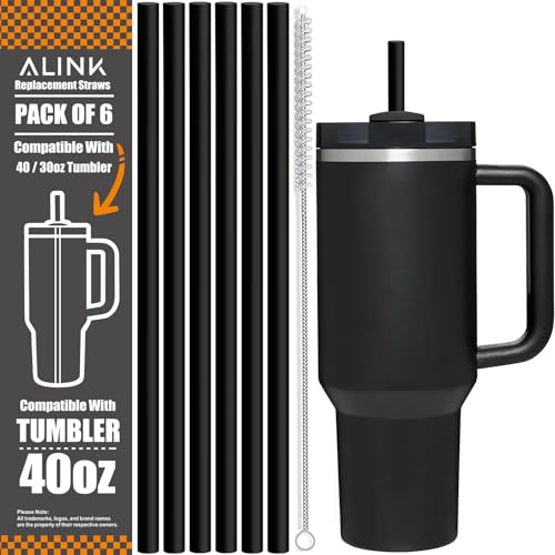 [DISHWASHER SAFE] 6 Pack Reusable Black Straws for Stanley 40 oz 30 oz Cup Tumbler, 12 inch Long Hard Plastic Straws with Brush for Stanley, Owala, Yeti Tumbler, BPA FREE