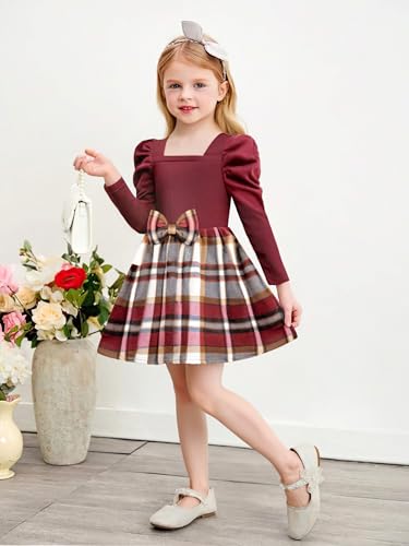 Crazyme Toddler Girl Clothes Square Neck Puff Sleeve Top Bowtie Toddler Dress Plaid Skirt Set Fall Winter Girls Outfits 3T-8Y2