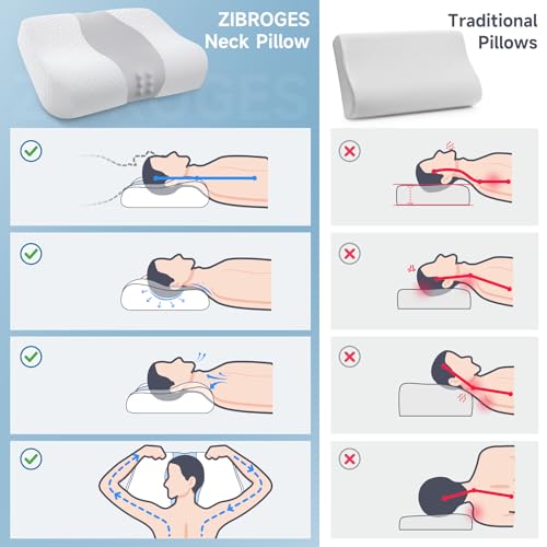 Zibroges-Neck-Pillow-Memory-Foam-Pillows-Cervical-Pillows-Support-for-Side-Back-and-Stomach-Sleepers-Cooling-and-Comfort-for-Deep-Sleep-Pillowcase-Washable-60x40cm