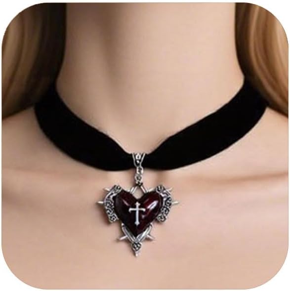 Gothic Heart Necklace for Women Black Red Heart Cross Pendant Necklace Vintage Velvet Choker with Thorns Halloween Jewelry Accessories