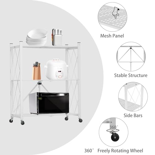 Image of 3 Tier Foldable Storage Shelf with Wheels Heavy Duty Garage Shelving | Unit Loads 550 LBS, Metal Steel Collapsible Shelves, Rolling Standing Utility Rack for Kitchen, Pantry, Office, White