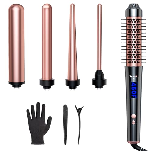 Bo'laiya 5 in 1 Curling Wand Set with Curling Brush and Temperature Display, 4 Interchangeable Ceramic Curling Wand(0.4'' - 1.3'') and Heat Protective Glove & 2 Clips -Rose Gold