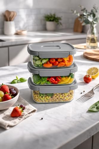 Image of LocknLock Nestopia Airtight Food Storage Container Set - 920 ml x 3, Nestable Stackable Modular Storage Box, BPA-Free with Measurement Markings, Microwave Freezer Dishwasher Safe