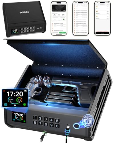 Smart Gun Safe, 4 Ways Biometric Pistol Rechargeable Safe with Fingerprint/Keypad/Key/APP Lock, APP Control, LCD Display, Emergency Power Supply Handgun Lock Box for Home Bedroom, Car