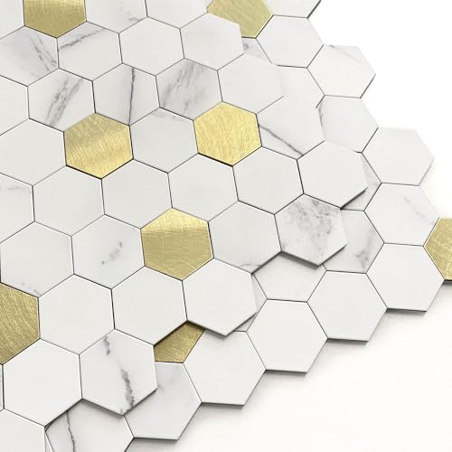 M MOFIT Hexagon Peel and Stick Backsplash Tiles Kitchen,Self-Adhesive Metal and Marble Honeycomb Peel and Stick Wall Tiles Sticker Mosaic Heat Resistant(White Gold,10sheets) by M MOFIT - Used condition - US$32.68