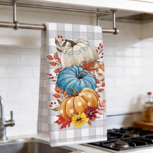 Image of Fall Pumpkin Kitchen Towel Farmhouse Grey Buffalo Plaid Dish Towels Set of 2, Autumn Thanksgiving 18 x 26 Inch Hand Towel Quick Drying Dishcloth Decor for Kitchen Bathroom Home
