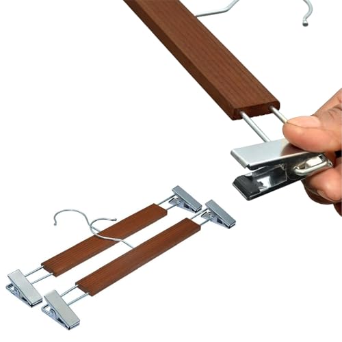 Image of BLOOMAX 12 Pcs Wooden Pant Hangers - Walnut Finish, 34 cm, Adjustable Chrome Clips, Non-Slip & Space Saving for Trouser, Skirt, Saree (Durable, Made in India)