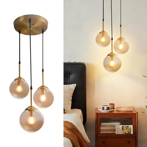 Wylolik Suspension à disque à 3 boules avec abat-jour en verre ambré, lustre réglable en hauteur, matériel de suspension décoratif, éclairage nordique simple...