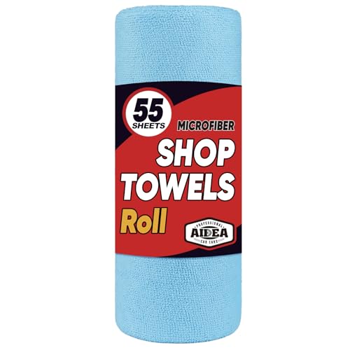 AIDEA Blue Shop Towels 55 unidades (1 rollo), toallas de microfibra azul multiusos, trapos de limpieza sin pelusas, toallas de papel reutilizables para automoción, mecánico, talleres, casa, cocina, 11
