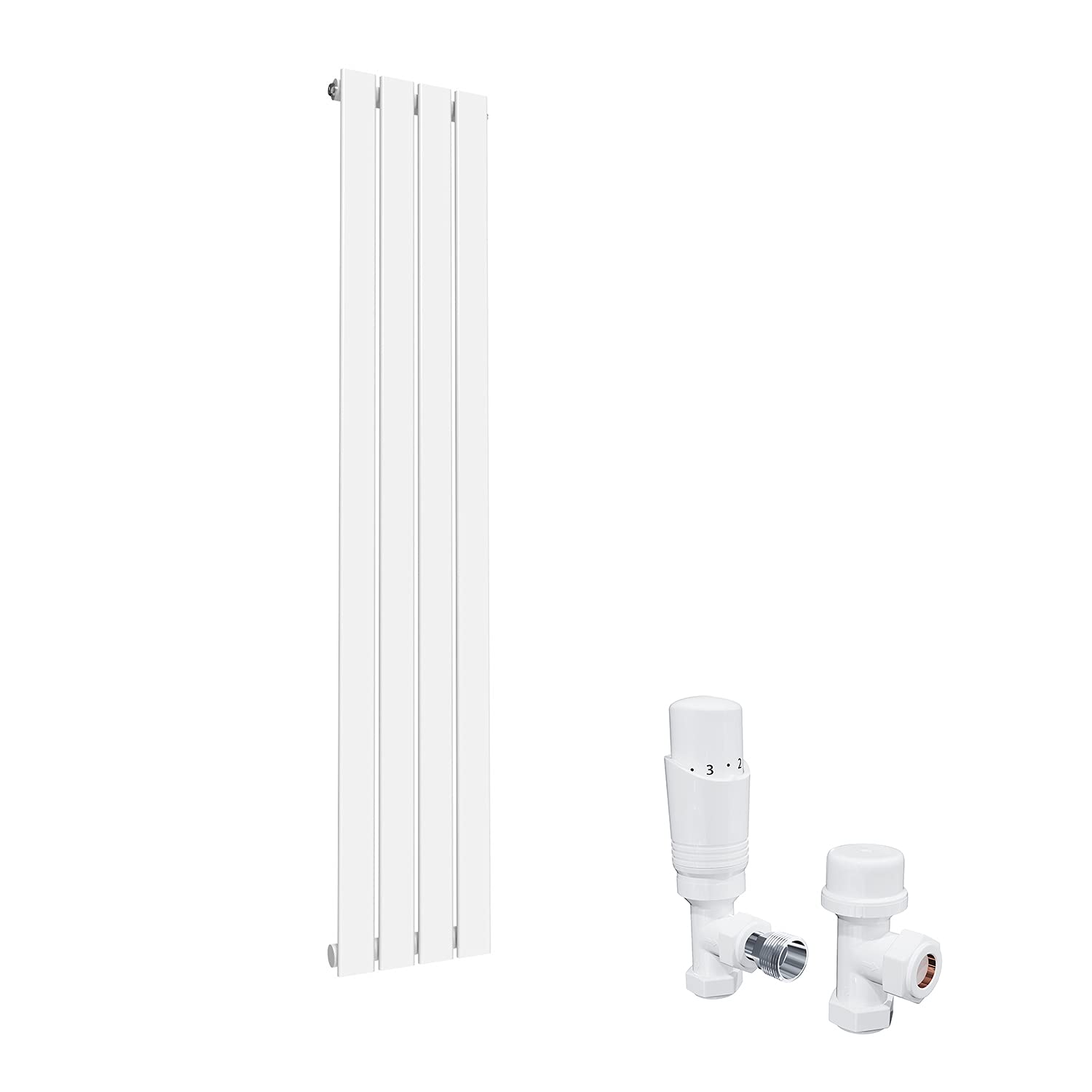 ELEGANT Modern Vertical Radiator Single Designer White Tall Upright Radiators Central Heating Wall Panel 1600 x 300 mm with White Thermostatic Valves Set