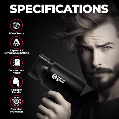 BEARDO Styling Gun Ultra Compact Hair Dryer | 1100 Watts Foldable Hair Dryer | 3 Heat 2 Speed Setting | Travel Friendly | Stylish Matte Black Finish | Gift For Friends | Gift for Husband