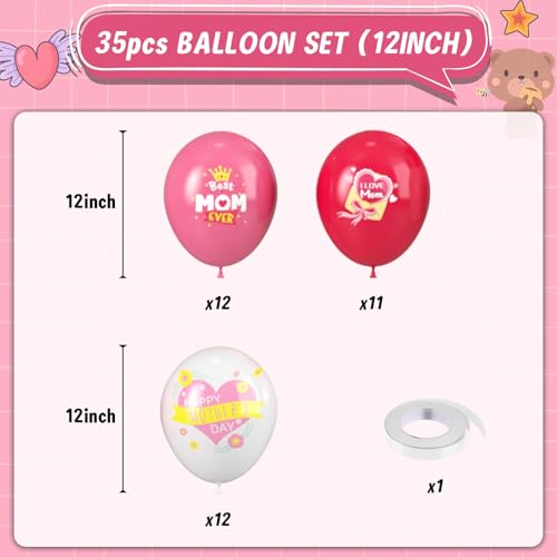Image of Mother's Day Balloons, 12 Inch Red Light Pink White Love You Mom Balloons with Heart Pattern for Women Mother's Day Party Mom Birthday Decorations