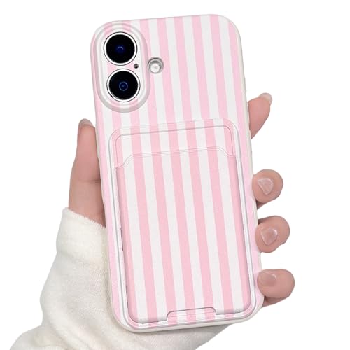 Lovmooful Compatible for iPhone 16 Case Cute Aesthetics Color Striped with Card Holder Design for Girls Women Soft TPU Shockproof More Protective Girly for iPhone 16 Case-Pink&White