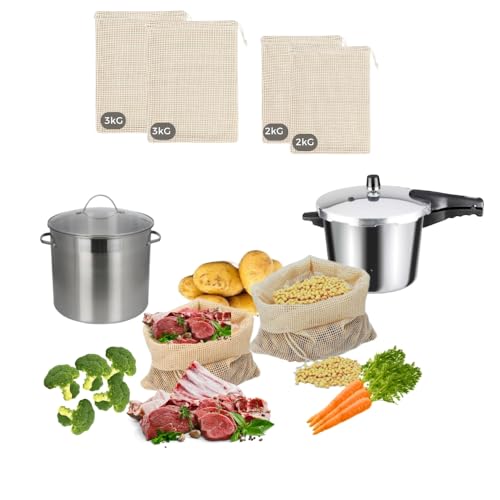 IM® Set de 4 Mallas de Algodón para Cocer Garbanzos, Legumbres y Verduras de dos tamaños (35x30 cm y 27x25 cm) | Bolsas Reutilizables para Cocción | Red para Cocidos y Pucheros