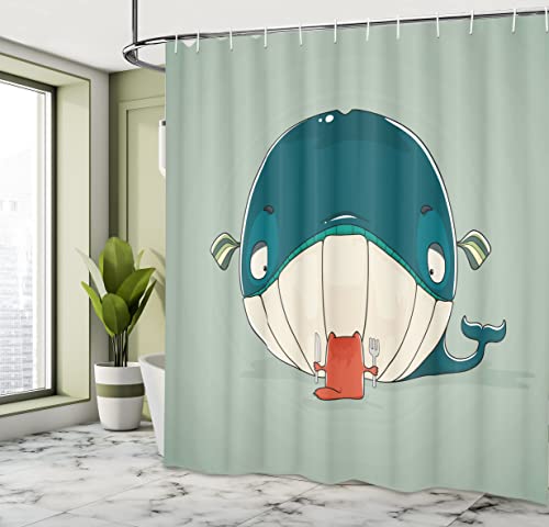 ABAKUHAUS Whale Shower Curtain, Greedy Little Cat Sitting down to Dine on a Huge Fish Dinner of Whale Cartoon - Image 4