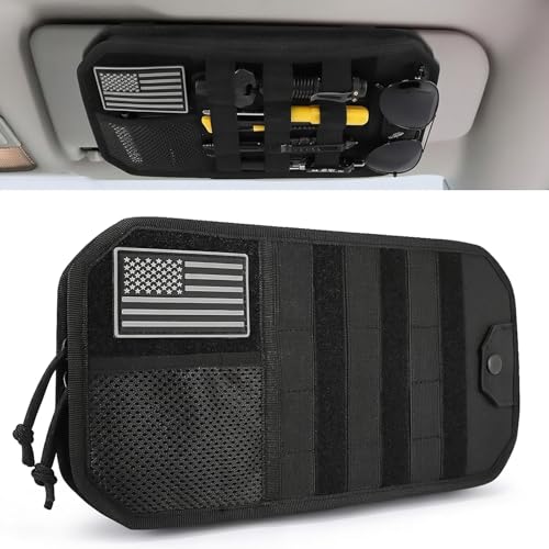 Denchy Molle Car Sun Visor Organizer with Zipper Storage Pouch and Sunglasses Holder Clip Tactical Sunvisor Organizers for Trucks Universal Molle Panel Accessories for Truck SUV Police Car Gear