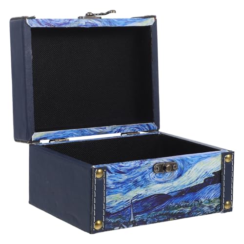 Garneck Caja Organizadora de Joyas y Patrón de Pintura al Óleo Diseño Vintage de Madera Azul Interior Espacioso para Almacenamiento Decorativo