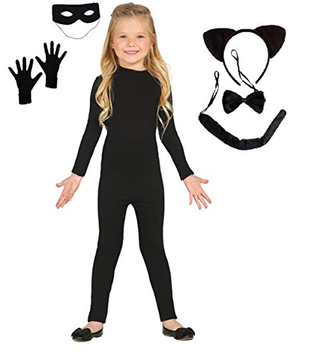 Disfraz inspirado en Cat Noir (Ladybug). Incluye: Maillot, antifaz, guantes, orejas, rabo y pajarita. Varias Tallas. (Talla 4-6)