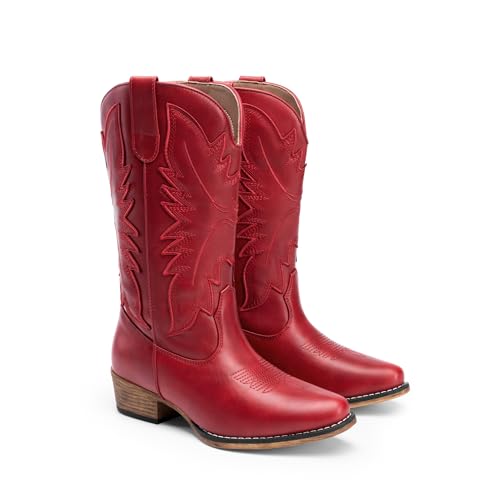 DREAM PAIRS Cowboy Boots for Women Cowgirl Western Mid Calf Boots Snip Toe Embroidered Stitched Low Chunky Heel Pull On Fashion Boots,Size 11,Red,SDMB25005W-2