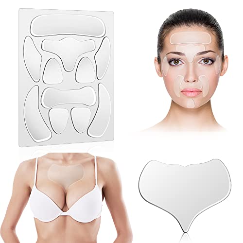 12 Pièces Patchs Anti-Rides Réutilisables de Visage et Tampon Anti-Ride de Poitrine, Patch Facial en Silicone Autocollant Anti-Ride de Décolleté Patch de Soin de Visage pour Front Yeux Peau Cover