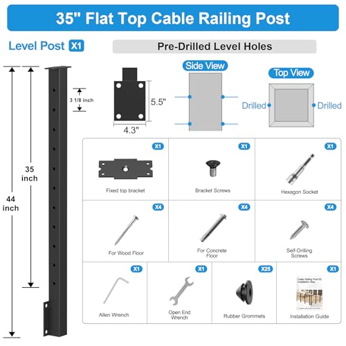 Image of 36 inch Side Mount Cable Railing Post, Stainless Steel Flat Top Level Drilled Cable Posts (Post 44 inchx2 inchx2 inch), Space-Saving Fascia Mount Cable Railing System, 1 /8 inch Wire Railing Hardware Kits, RG71