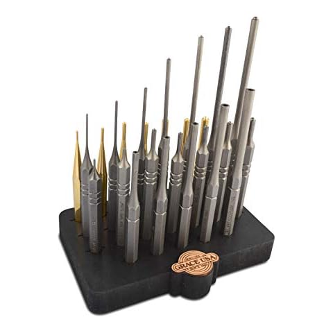 Grace USA 27pc Gunsmith Steel & Brass Roll Pin Spring Punch Set with Bench Block - GRSBRP27SBB, Multi Cover