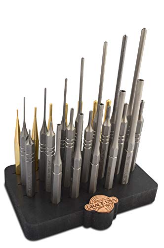 Grace USA 27pc Gunsmith Steel & Brass Roll Pin Spring Punch Set with Bench Block - GRSBRP27SBB, Multi