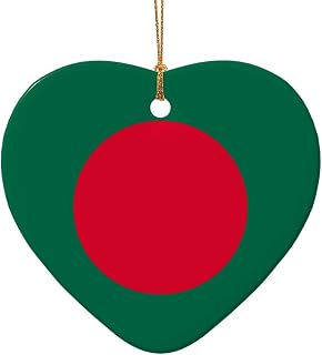 Flag of Bangladesh Ceramic Hanging Ornament Tree Decor Pendant - Double-Sided Star Heart Gold Cord Christmas Baubles for Home Party Decor, Festival Gift Tags Heart Shape