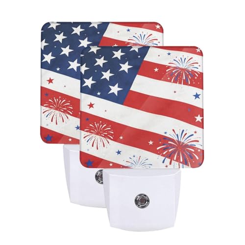 Image of 250 Years Anniversary American Flag Night Light Set of 2, Patriotic Eagle Auto Sensor LED Dusk-to-Dawn Nightlights, Plug-in Sensor Lamp for Bedroom Kitchen Hallway Stairs Decorative