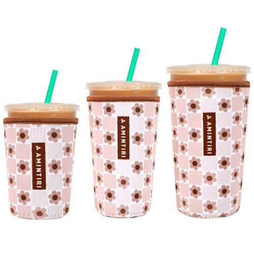 Image of 3 Pack Reusable Sleeve for Iced Coffee Cup, Coffee Neoprene Sleeve for Iced&Hot Drinks, Coffee Sleeve Compatible with Starbucks, Dunkin Coffee Cup. (MochaCheckerboad&Diasy)