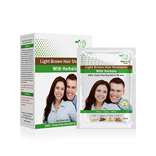 Biogreen Roots Shampoo 5 Pouches - Light Brown Hair Color Shampoo with herbals for Men and Women - New & Improved Formula - All Hair Types -with Herbals Ingredients Light Brown Hair Shampoo - 5 Pouches with 5 pair of gloves.