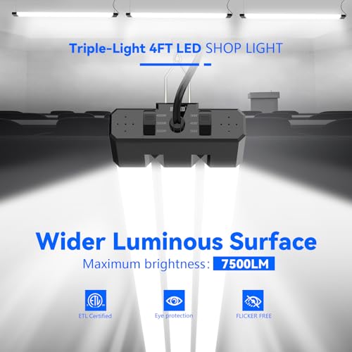 Image of JESLED LED Shop Lights 4FT, 3CCT Selectable 4000K /5000K /6500K, Adjustable 30W /40W /50W, 7500LM Super Bright (300W Equivalent), Linkable Utility Light for Garage, Ceiling or Hanging Mount, ETL, 2 Pack