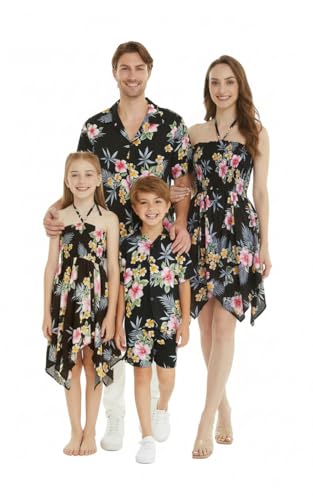 Image of Family Matching Hawaiian Clothes, Hibiscus Black | Black Hibiscus Print • Soft Rayon Fabric • Family Matching Outfits • Vacation Ready • Luau Party Wear