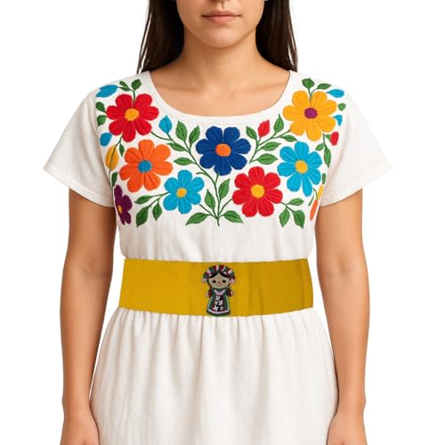 Traditional Mexican Folk Art Embroidered Kids Belt, Yellow Cotton