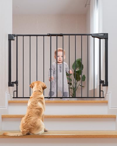 Cumbor 29.2–43' Baby Gate for Stairs, Wall-Mounted (Drill Required), Expandable No Bottom Bar Dog Gate, Auto Close Extra Wide Walk Thru, Pet & Toddler Proof Gate, Top & Bottom of Stairways(Black)