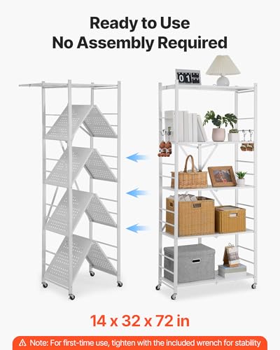 Image of VEVOR 5-Tier Foldable Storage Shelf, 32W x 14D x 72H Inch Folding Metal Rack Shelving Unit, Heavy Duty No Assembly Organizer Shelf with 5 Wheels & 4 Hooks for Pantry, Kitchen, Garage, Basement, White