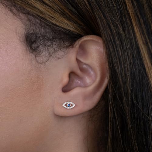 14k Real Solid Gold Evil Eye Sapphire Stud Earrings – Diamond Cz Screw-back Earrings for Upper Earlobe, Cartilage, Helix, Tragus – Perfect for Minimalist Design - Sold as a Pair4