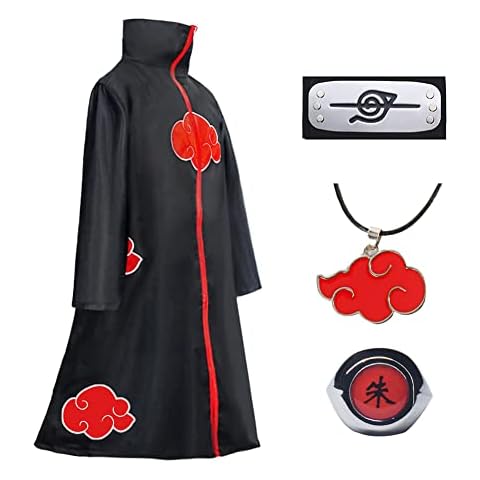 Akatsuki Mantel für Kinder Erwachsener Unisex Cosplay Kostüm, Cosplay Halloween Party Kostüm Umhang mit Stirnband und Ring Cover