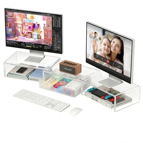 OPNICE Clear Acrylic Desk Organizers and Accessories Dual Monitor Stand Riser with Drawer Desk Shelf Computer Racks for Office Workspace Organizers Desktop Organization (Transparent)
